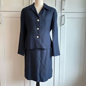Vintage David N. Linen Blend Navy Blue Skirt Suit Set Size 4 Formal 2-Piece